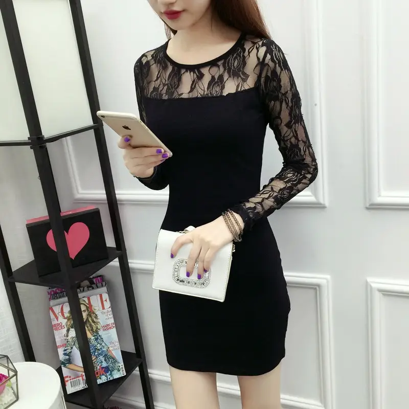 Black Lace Sheath Skirt Dress Long Sleeve Women Large — feature 3