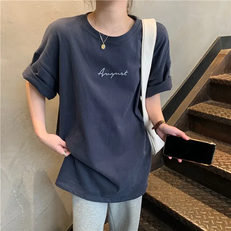 Women Loose K-Style T-Shirt Navy Blue Summer Large