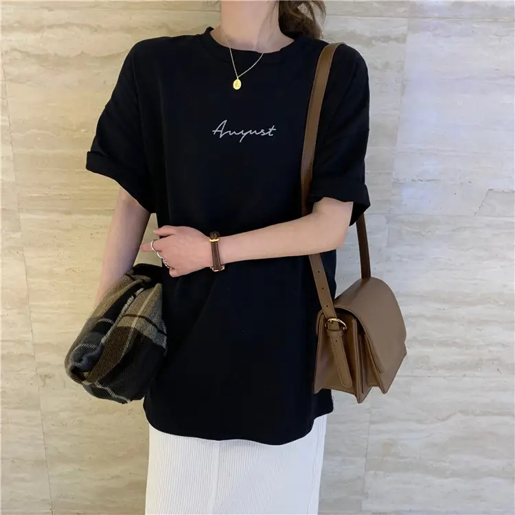 Women Loose K-Style T-Shirt Navy Blue Summer Large