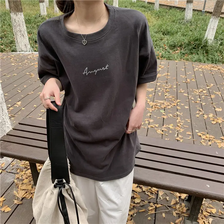 Women Loose K-Style T-Shirt Navy Blue Summer Large — feature 101