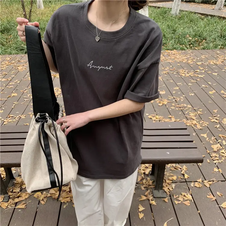 Women Loose K-Style T-Shirt Navy Blue Summer Large — feature 103