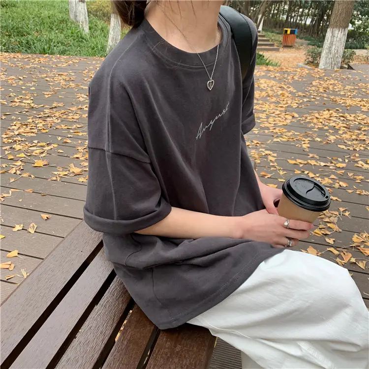 Women Loose K-Style T-Shirt Navy Blue Summer Large — feature 121