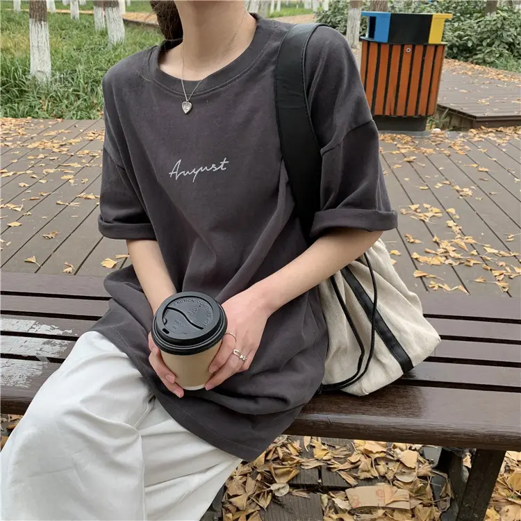 Women Loose K-Style T-Shirt Navy Blue Summer Large — feature 123