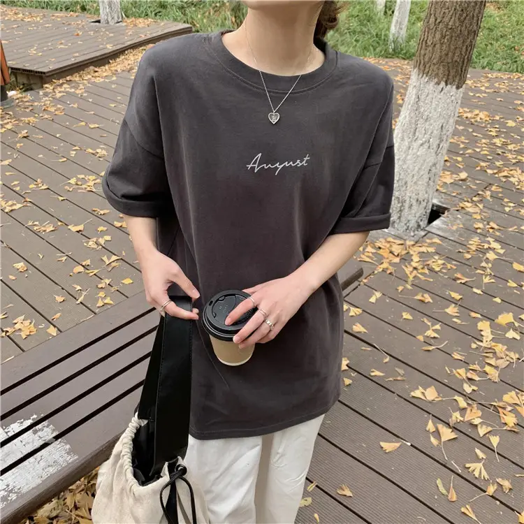 Women Loose K-Style T-Shirt Navy Blue Summer Large — feature 131