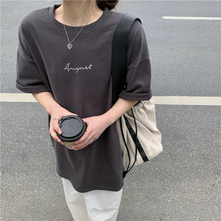 Women Loose K-Style T-Shirt Navy Blue Summer Large — feature 133