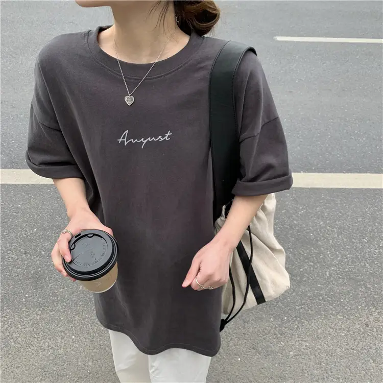 Women Loose K-Style T-Shirt Navy Blue Summer Large — feature 135