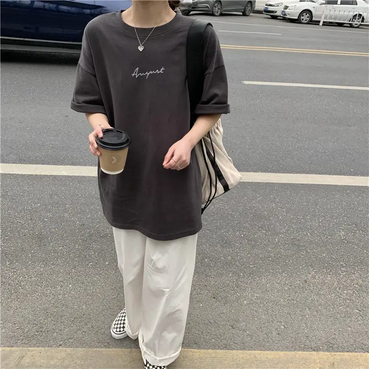 Women Loose K-Style T-Shirt Navy Blue Summer Large — feature 137