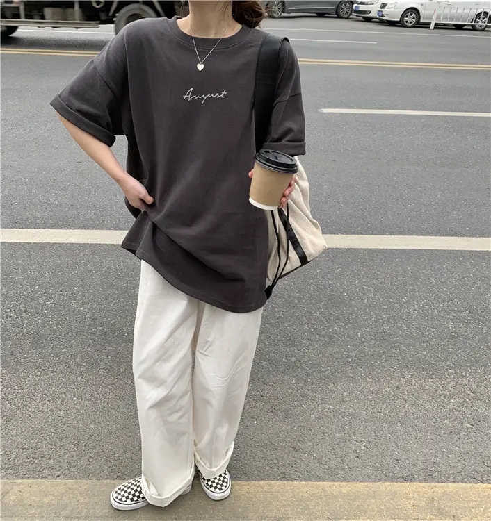 Women Loose K-Style T-Shirt Navy Blue Summer Large — feature 139