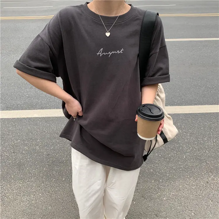 Women Loose K-Style T-Shirt Navy Blue Summer Large — feature 141