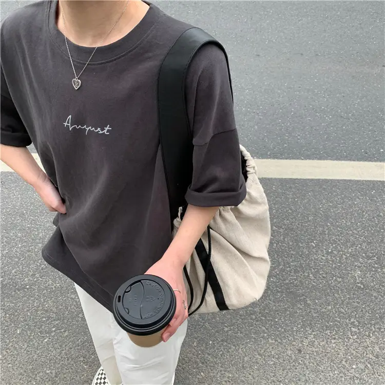 Women Loose K-Style T-Shirt Navy Blue Summer Large — feature 143