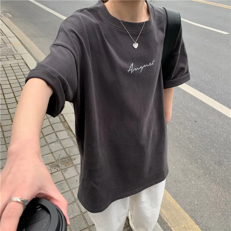Women Loose K-Style T-Shirt Navy Blue Summer Large — feature 151