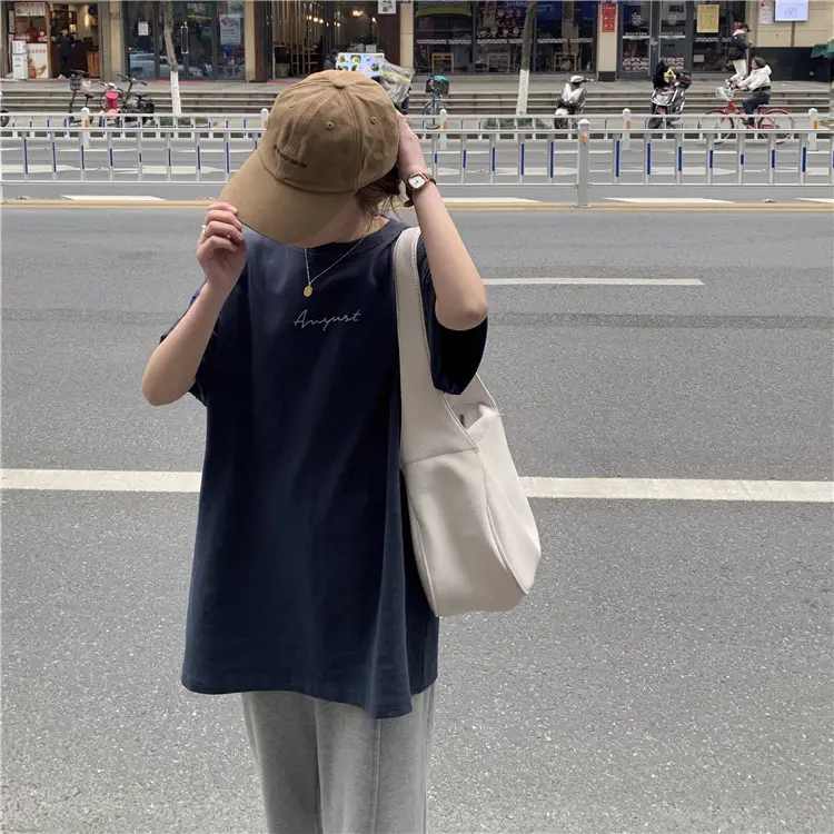 Women Loose K-Style T-Shirt Navy Blue Summer Large — feature 155
