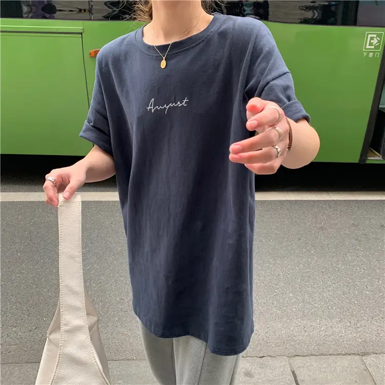 Women Loose K-Style T-Shirt Navy Blue Summer Large — feature 159