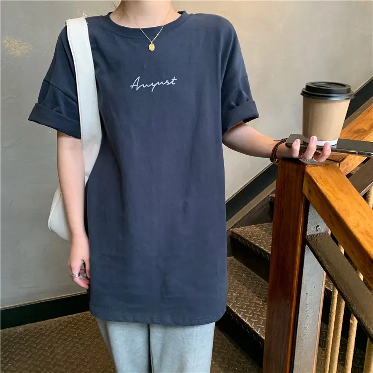Women Loose K-Style T-Shirt Navy Blue Summer Large — feature 161
