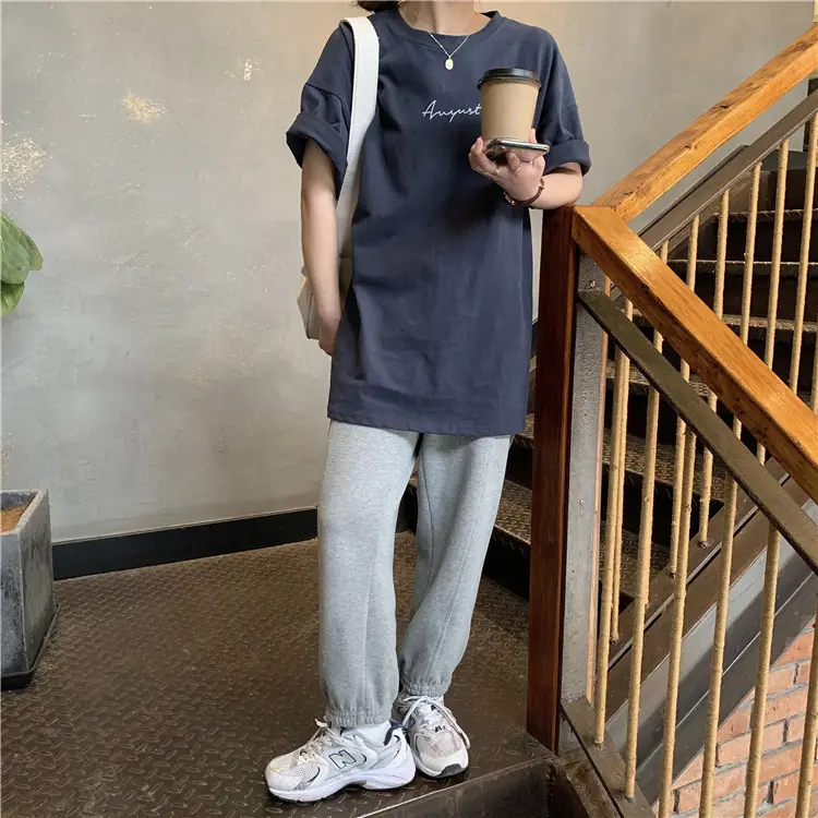 Women Loose K-Style T-Shirt Navy Blue Summer Large — feature 163
