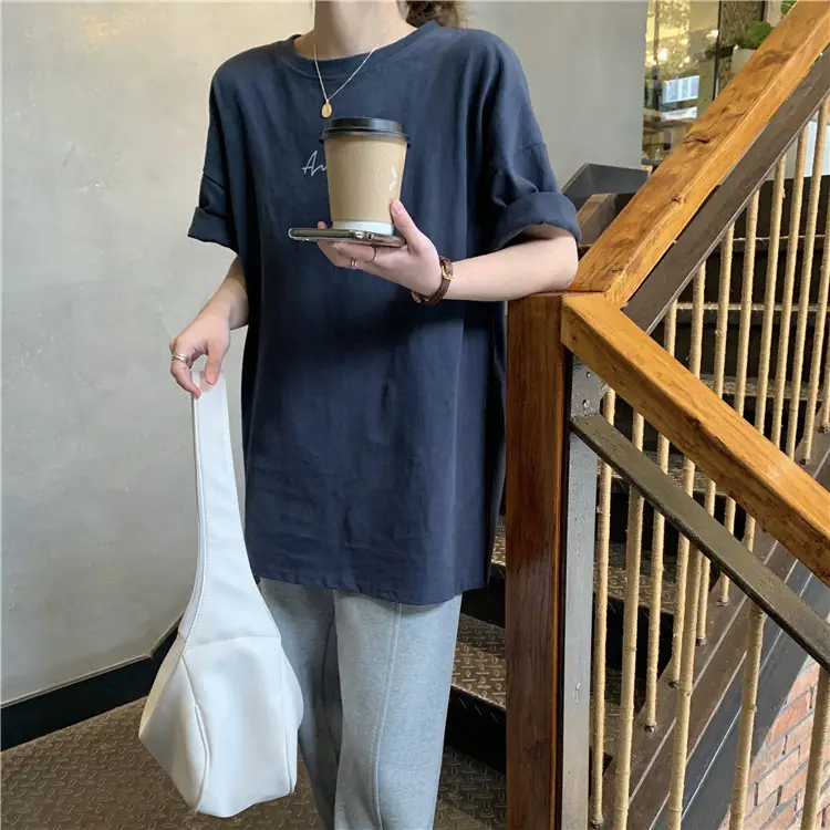 Women Loose K-Style T-Shirt Navy Blue Summer Large — feature 165