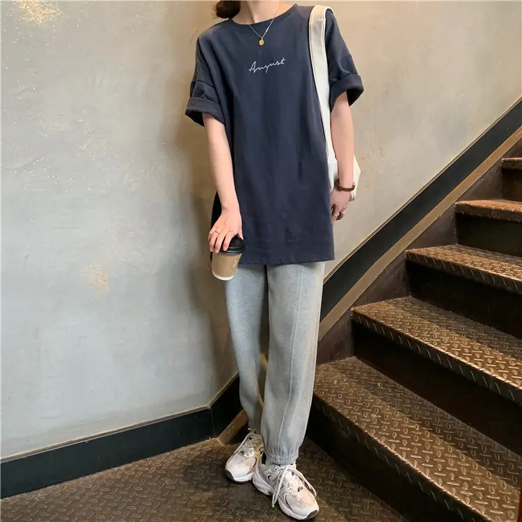 Women Loose K-Style T-Shirt Navy Blue Summer Large — feature 167