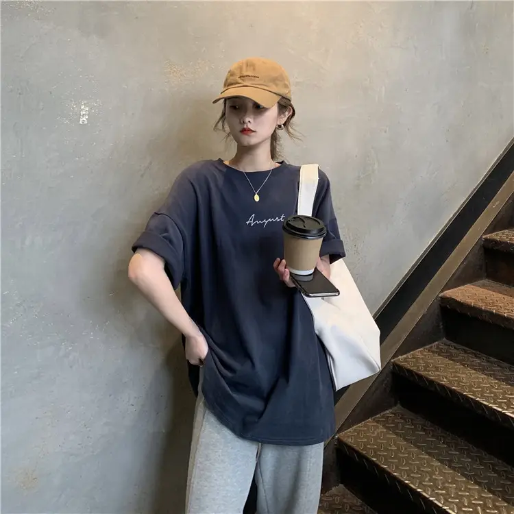 Women Loose K-Style T-Shirt Navy Blue Summer Large — feature 169