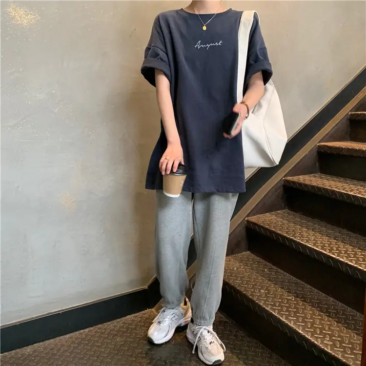Women Loose K-Style T-Shirt Navy Blue Summer Large — feature 171