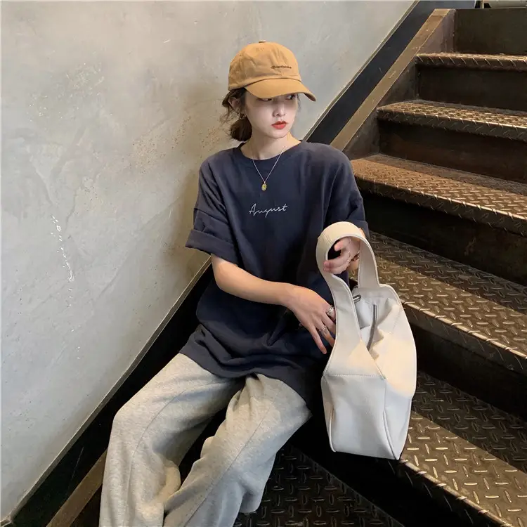 Women Loose K-Style T-Shirt Navy Blue Summer Large — feature 173