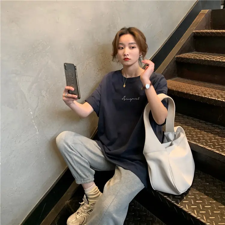 Women Loose K-Style T-Shirt Navy Blue Summer Large — feature 177