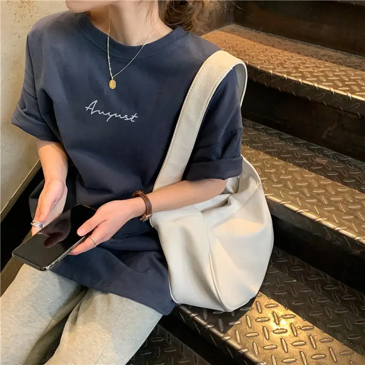 Women Loose K-Style T-Shirt Navy Blue Summer Large — feature 179
