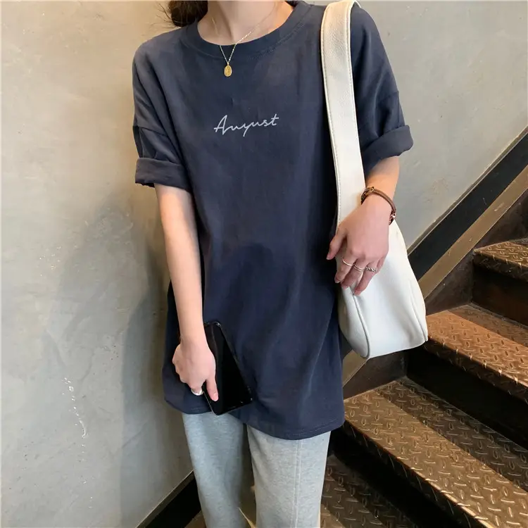 Women Loose K-Style T-Shirt Navy Blue Summer Large — feature 181