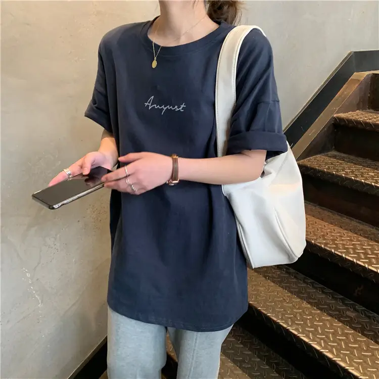 Women Loose K-Style T-Shirt Navy Blue Summer Large — feature 183
