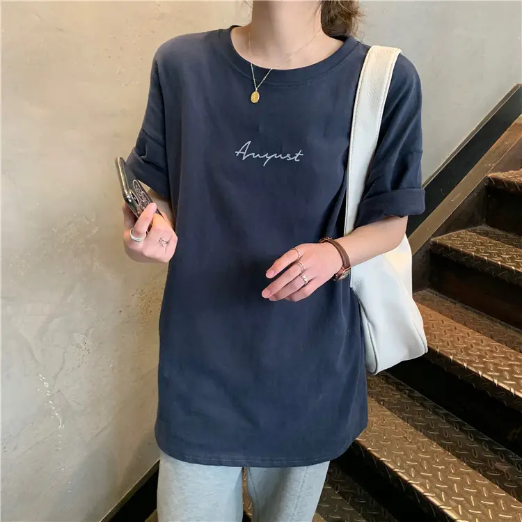 Women Loose K-Style T-Shirt Navy Blue Summer Large — feature 185