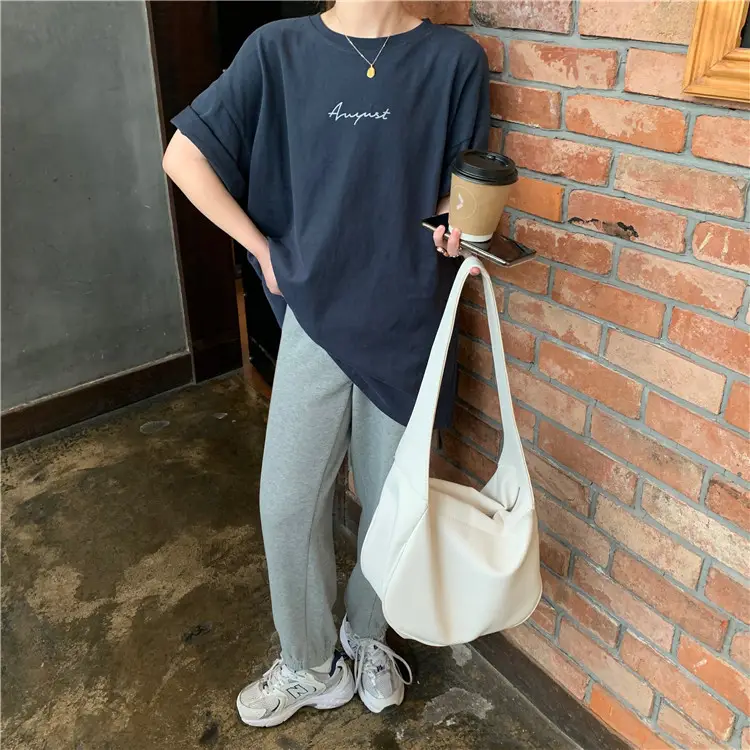 Women Loose K-Style T-Shirt Navy Blue Summer Large — feature 189