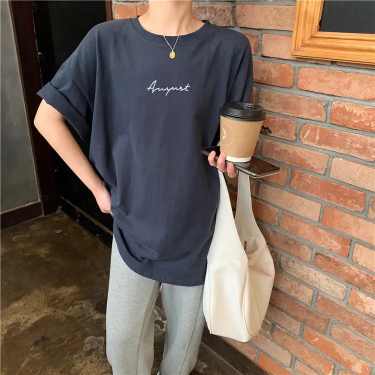 Women Loose K-Style T-Shirt Navy Blue Summer Large — feature 191