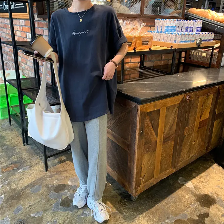 Women Loose K-Style T-Shirt Navy Blue Summer Large — feature 193
