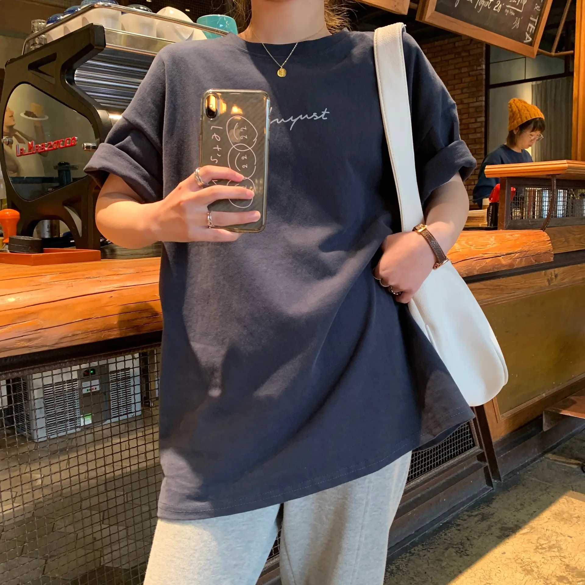 Women Loose K-Style T-Shirt Navy Blue Summer Large — feature 195