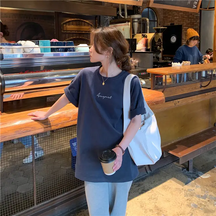 Women Loose K-Style T-Shirt Navy Blue Summer Large — feature 197