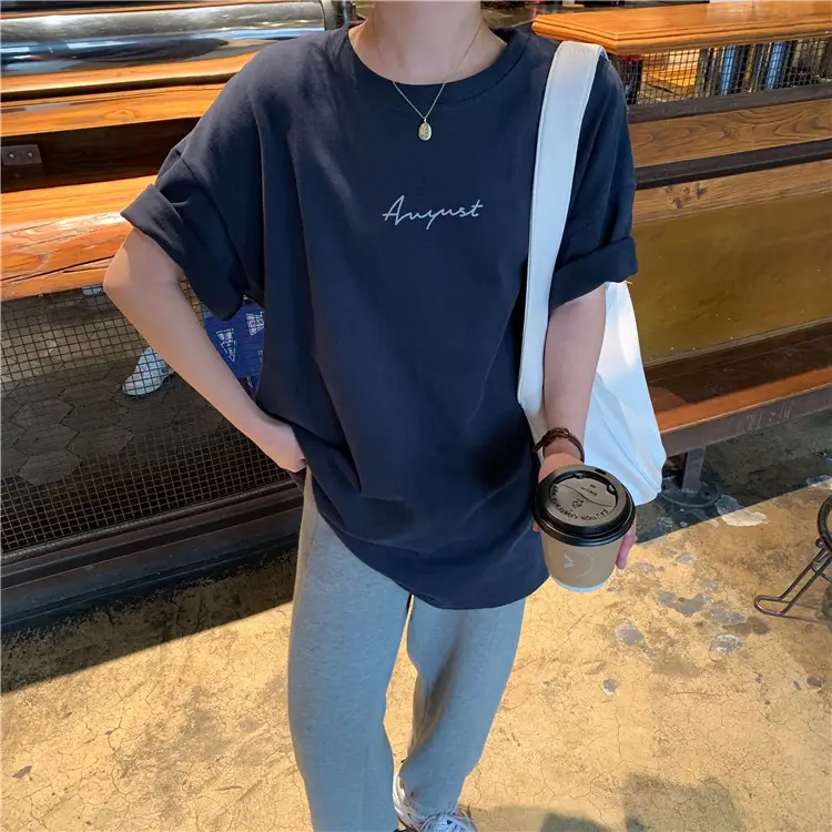 Women Loose K-Style T-Shirt Navy Blue Summer Large — feature 199