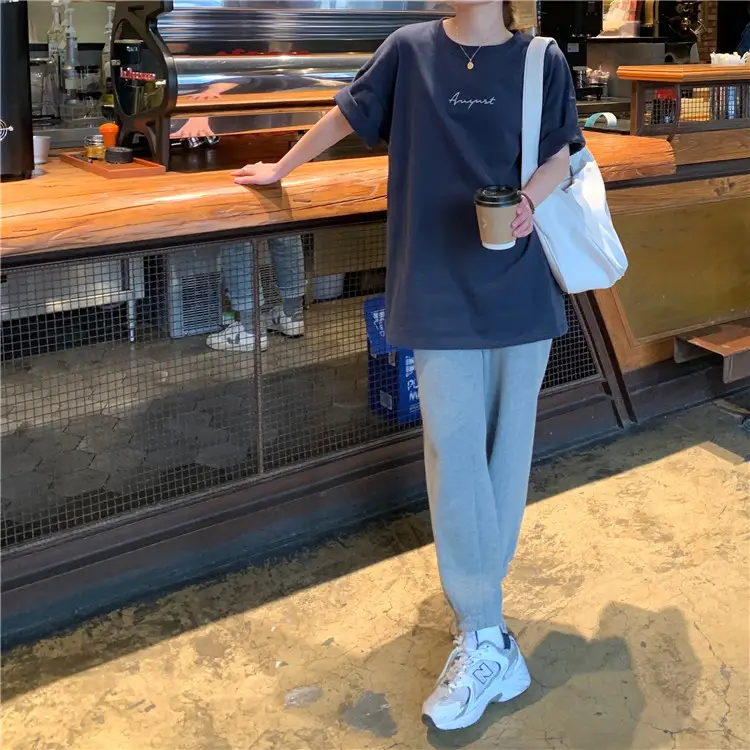 Women Loose K-Style T-Shirt Navy Blue Summer Large — feature 201