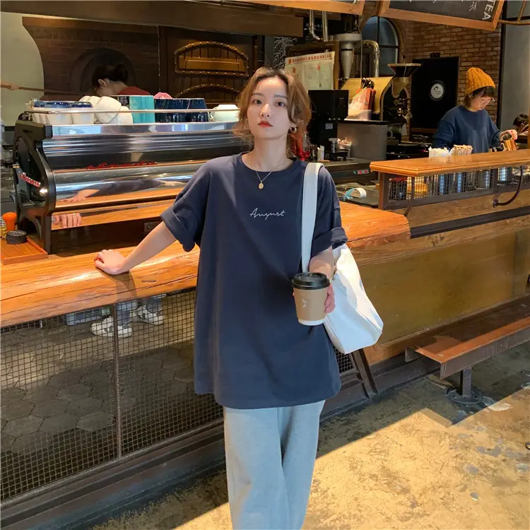 Women Loose K-Style T-Shirt Navy Blue Summer Large — feature 203