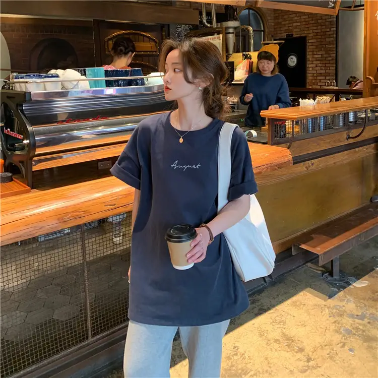 Women Loose K-Style T-Shirt Navy Blue Summer Large — feature 205