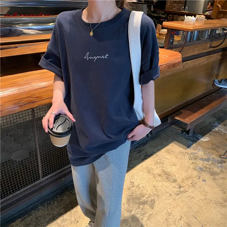 Women Loose K-Style T-Shirt Navy Blue Summer Large — feature 207