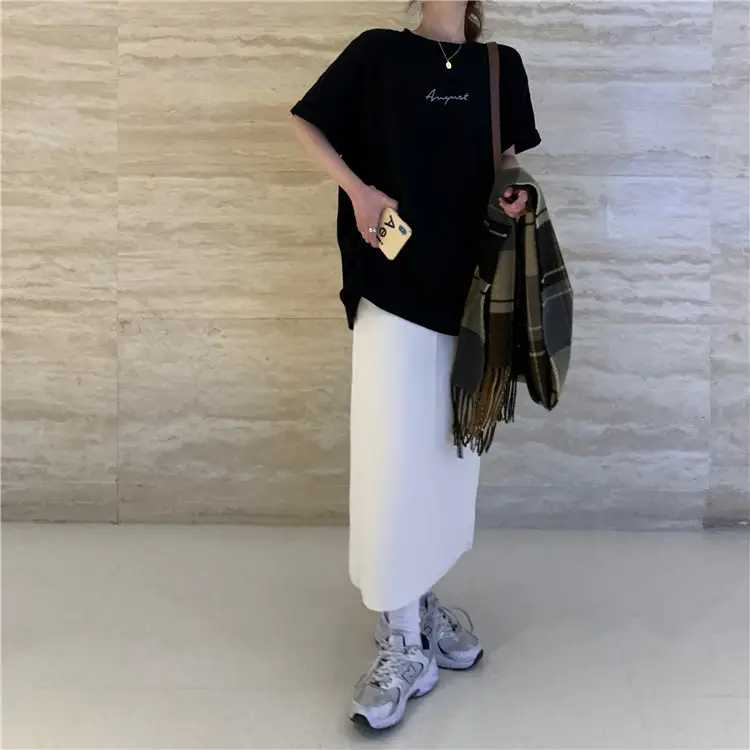 Women Loose K-Style T-Shirt Navy Blue Summer Large — feature 27