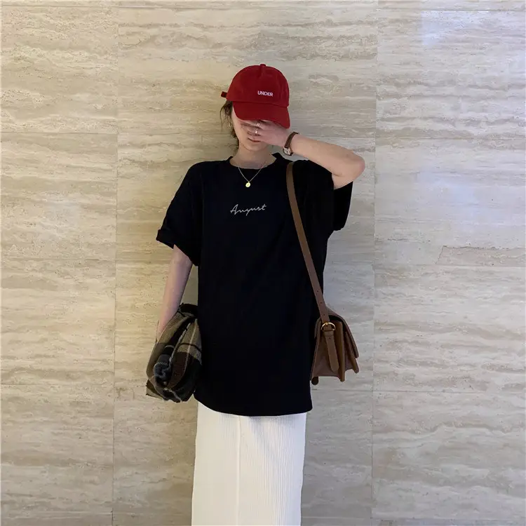 Women Loose K-Style T-Shirt Navy Blue Summer Large — feature 29