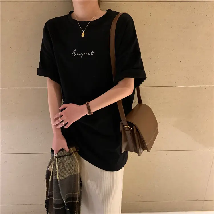 Women Loose K-Style T-Shirt Navy Blue Summer Large — feature 31