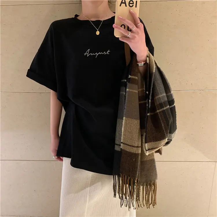 Women Loose K-Style T-Shirt Navy Blue Summer Large — feature 35
