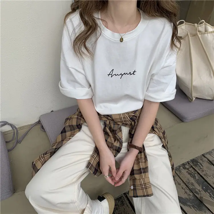 Women Loose K-Style T-Shirt Navy Blue Summer Large — feature 37