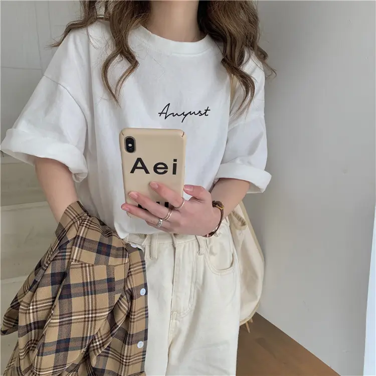 Women Loose K-Style T-Shirt Navy Blue Summer Large — feature 41