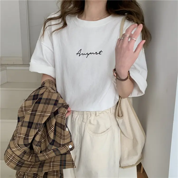Women Loose K-Style T-Shirt Navy Blue Summer Large — feature 43