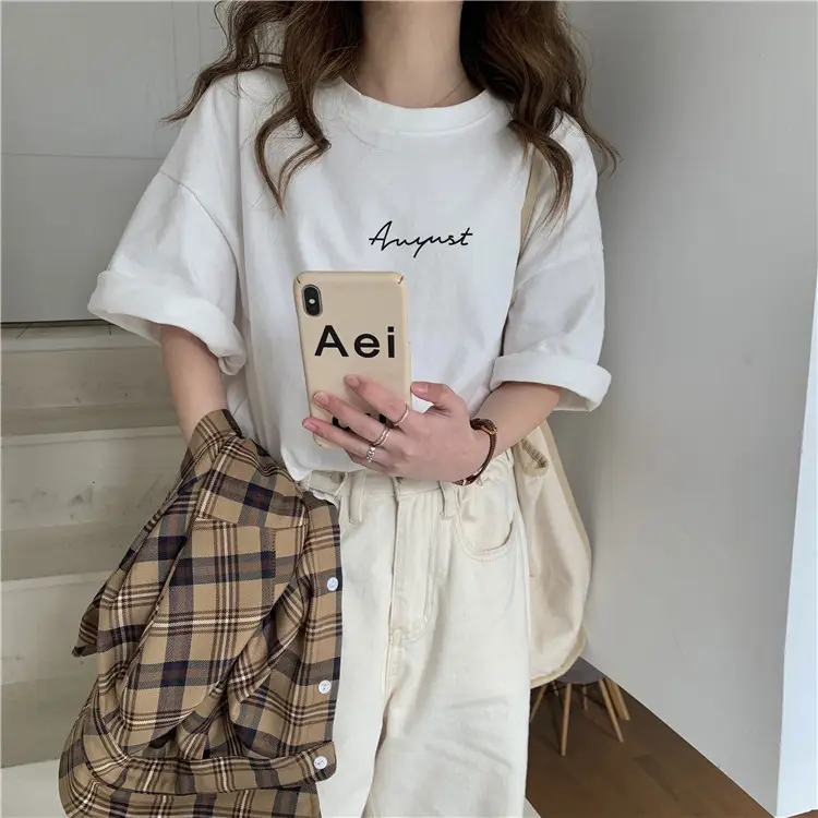 Women Loose K-Style T-Shirt Navy Blue Summer Large — feature 45