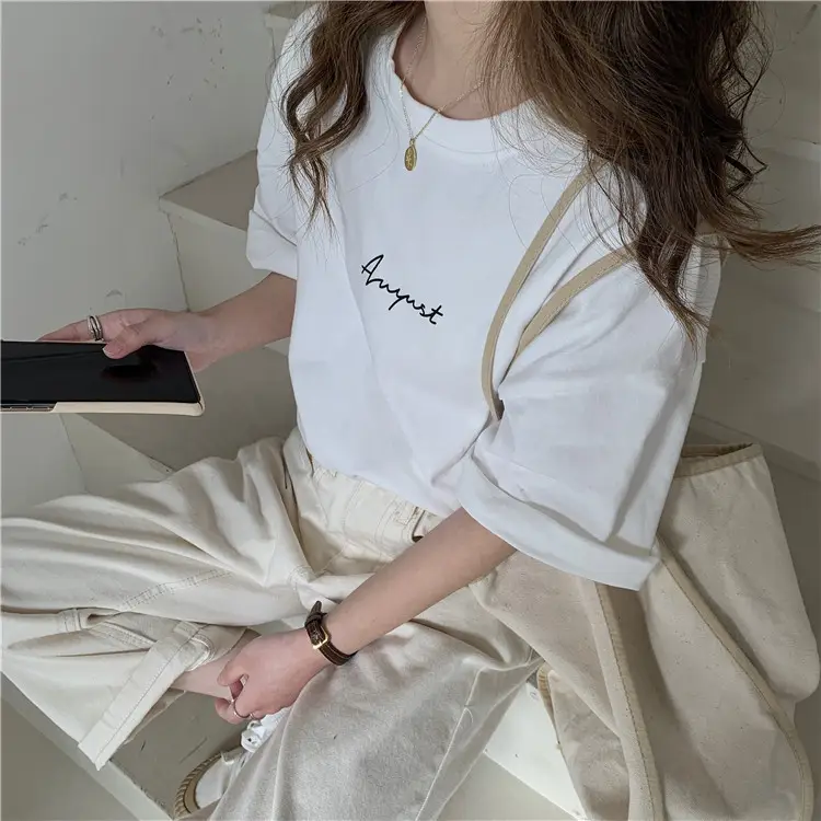 Women Loose K-Style T-Shirt Navy Blue Summer Large — feature 51