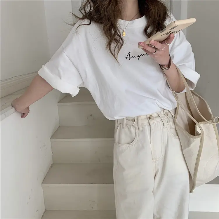 Women Loose K-Style T-Shirt Navy Blue Summer Large — feature 53