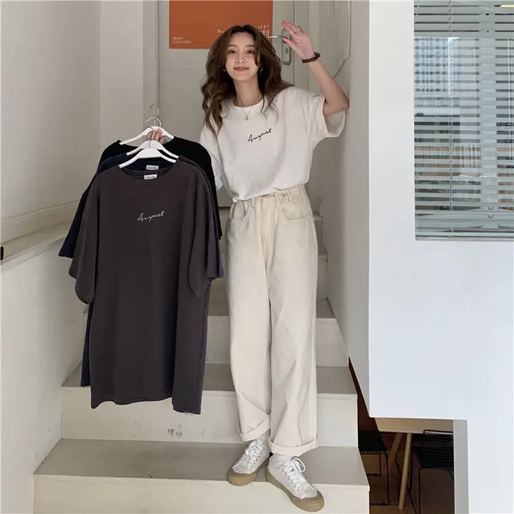 Women Loose K-Style T-Shirt Navy Blue Summer Large — feature 73